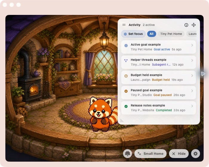 A Red Panda resident inside a warmly lit Tiny Pet Home cottage with work activity nearby.