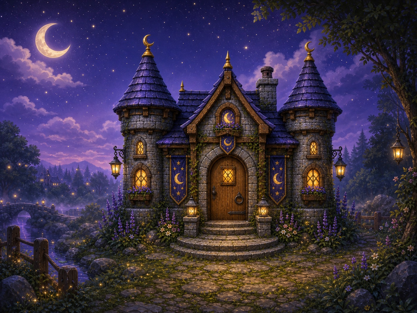 A richly colored Fantasy Castle home framed by a moonlit landscape.