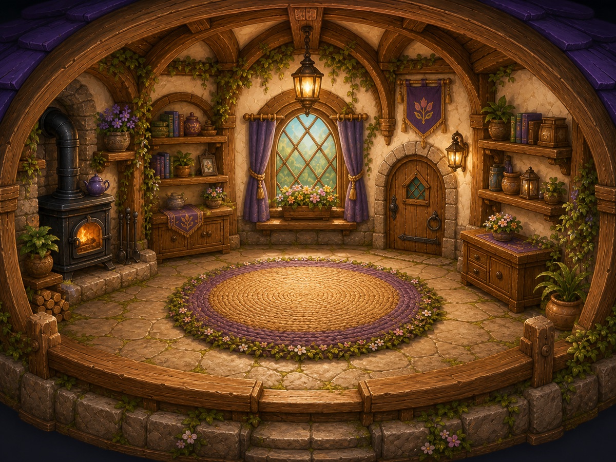 A cozy illustrated cottage room with warm wood beams, plants, shelves, and a small round rug.